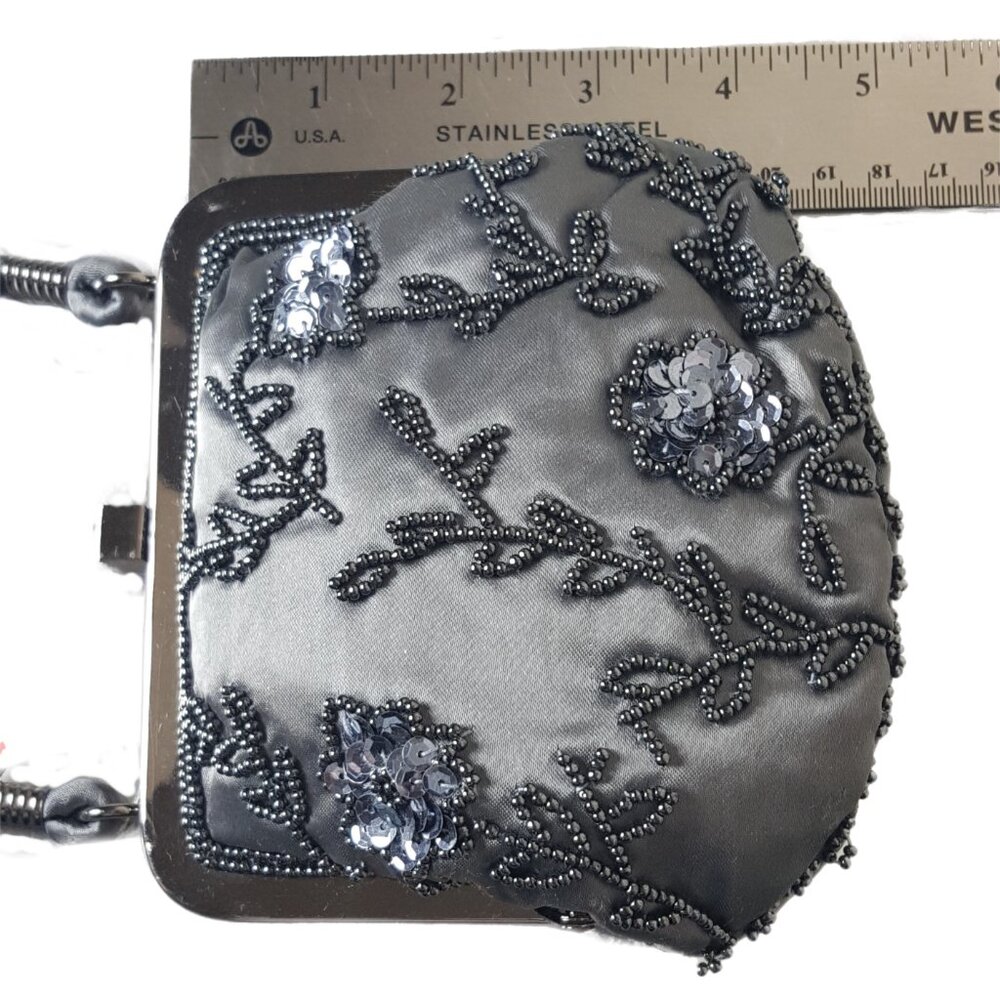 Vintage Y2K Express Beaded Satin Evening Bag NWT Gray Floral Mini Purse - Picture 8 of 9